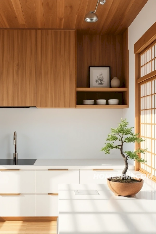 Tranquil Japanese Kitchen with Bonsai Accent