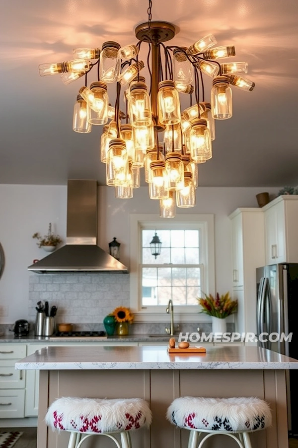 Unique Lighting with Mismatched Stools in Eclectic Space