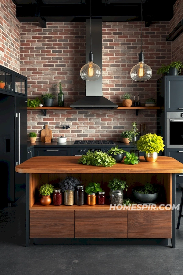 Urban Kitchen with Brick Walls and Wooden Island