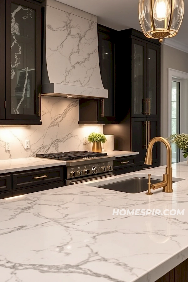 Veined Marble and Brass in Chic Kitchen