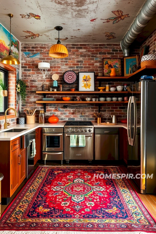 Vibrant Bohemian Patterns in Industrial Kitchen