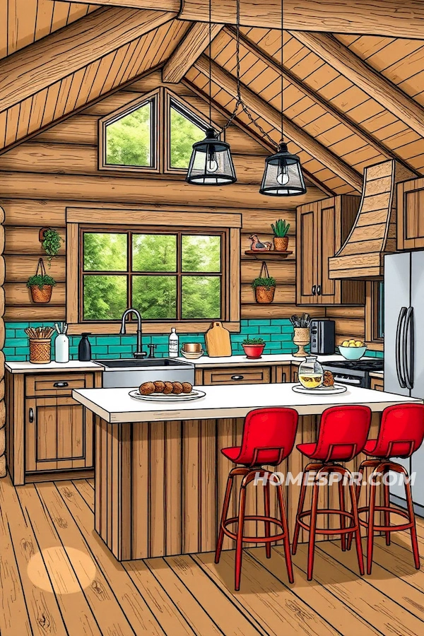 Vibrant Colors in Log Home Kitchen