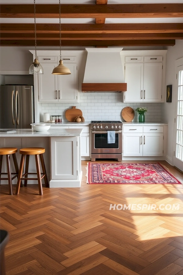 Vibrant Rugs in Elegant Farmhouse Kitchen