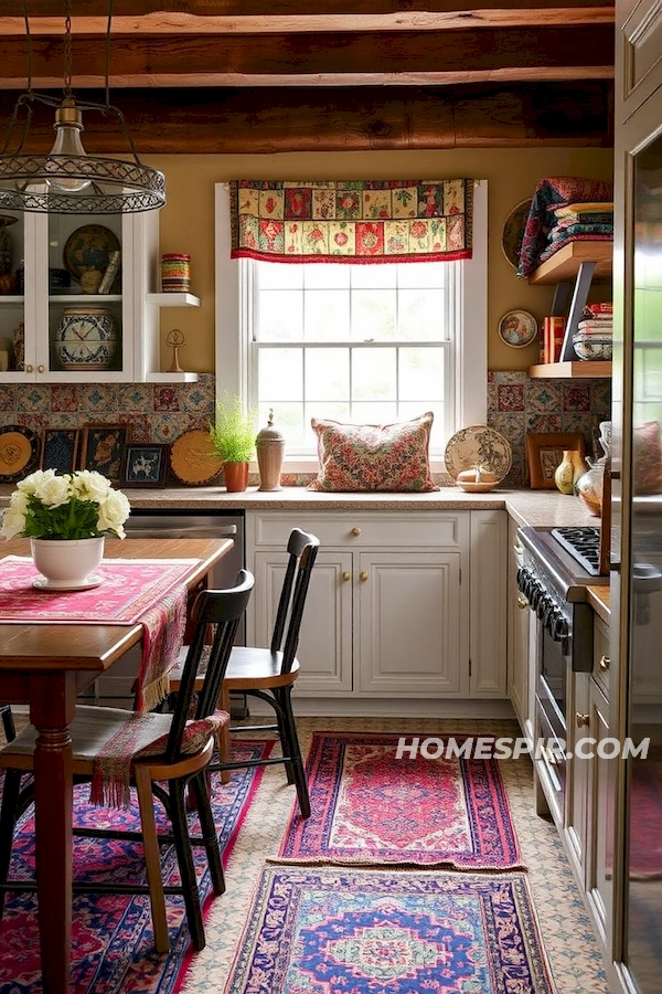 Vibrant Vintage Textiles in Boho Kitchen