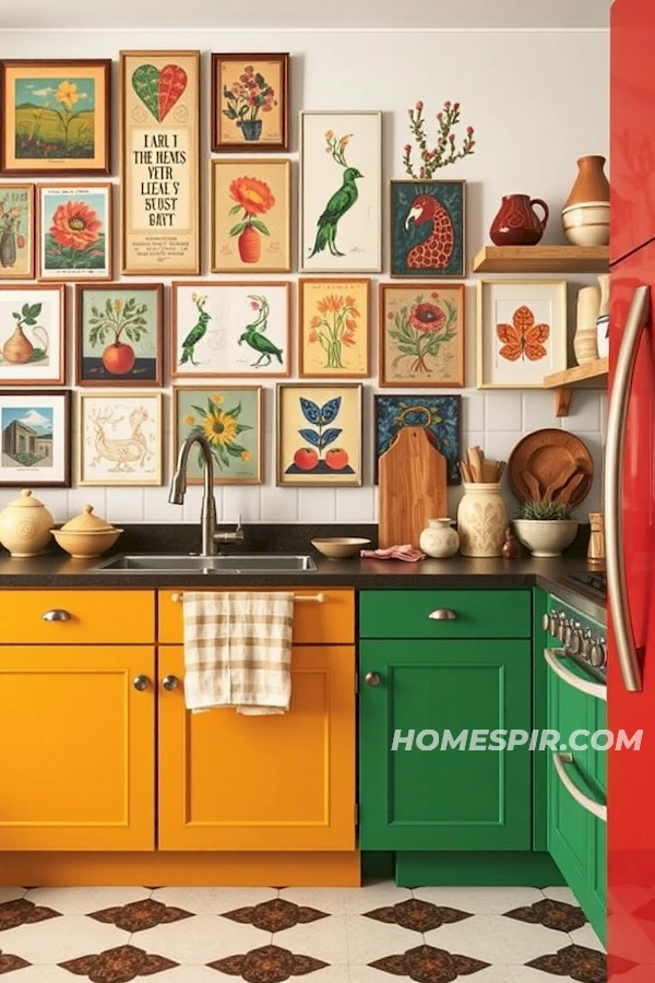 Vintage Art Prints in Artistic Boho Kitchen