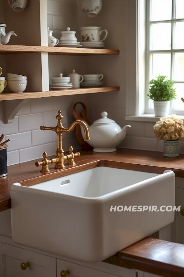 Vintage Brass Faucets in Country Kitchen