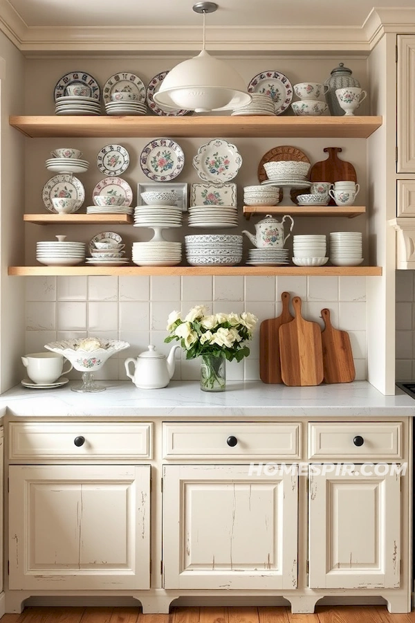 Vintage Chinaware in Elegant French Kitchen