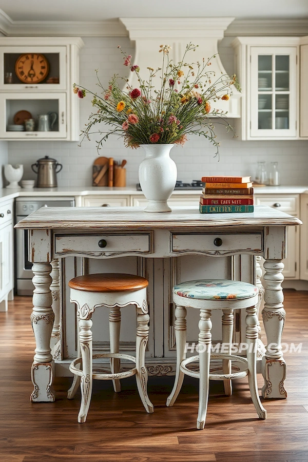 Vintage Cookbooks on a Romantic Kitchen Island