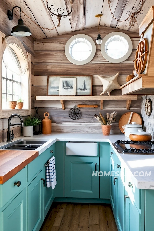 Vintage Ship Wheels in Cozy Nautical Kitchen