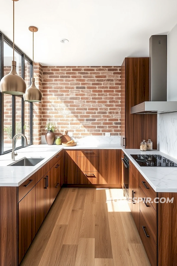 Walnut Cabinets and Brick Wall Modern Blend