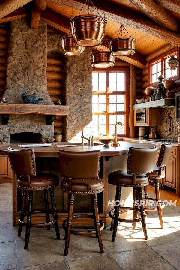 Warm Log Kitchen with Stone Fireplace Ambience