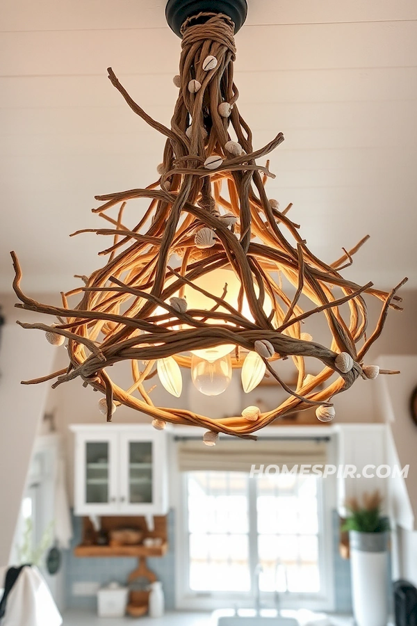 Warmly Lit Seashell Driftwood Chandelier