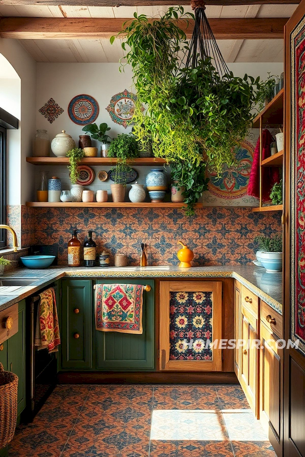 Whimsical Hanging Plants in Eclectic Style Kitchen