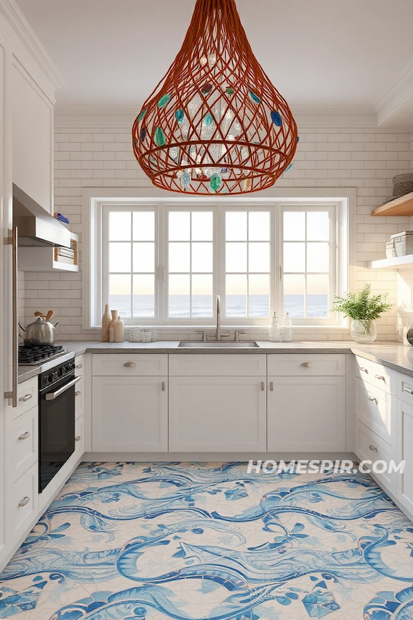 White and Blue Mosaic Wave Pattern Floor