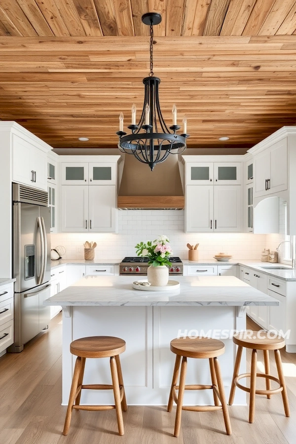 White Cabinets Contrasted by Rustic Wood Stools