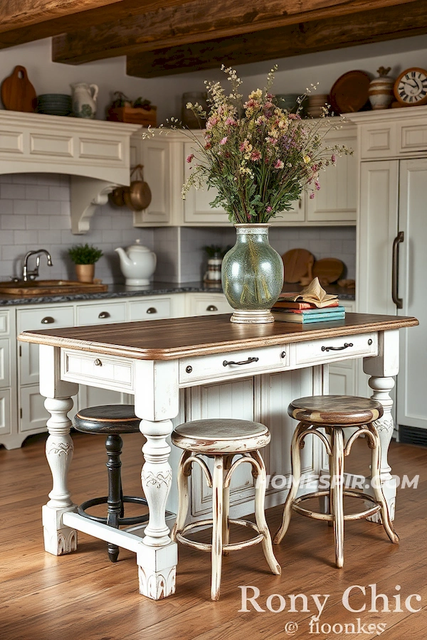 Wildflower Accented Shabby Chic Kitchen Island