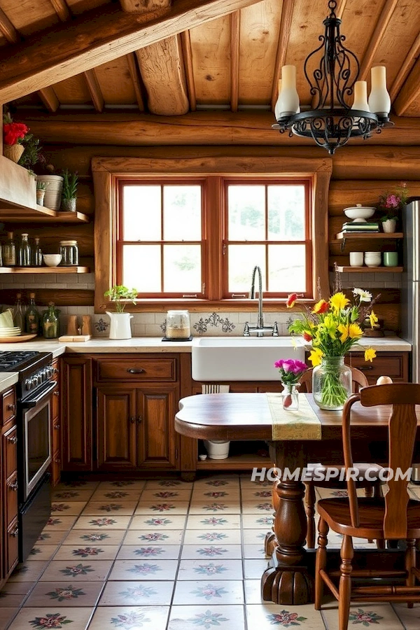 Wildflower Motifs in Whimsical Log Home Kitchen