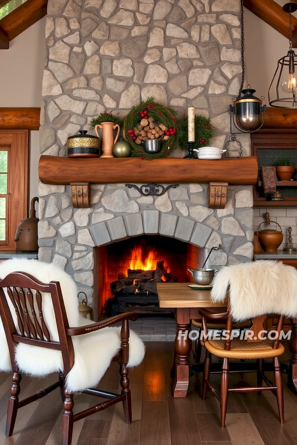 Winter Lodge Kitchen with Stone Fireplace