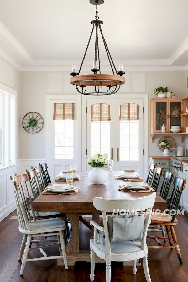 Wood and Iron Chandelier Over Farmhouse Table