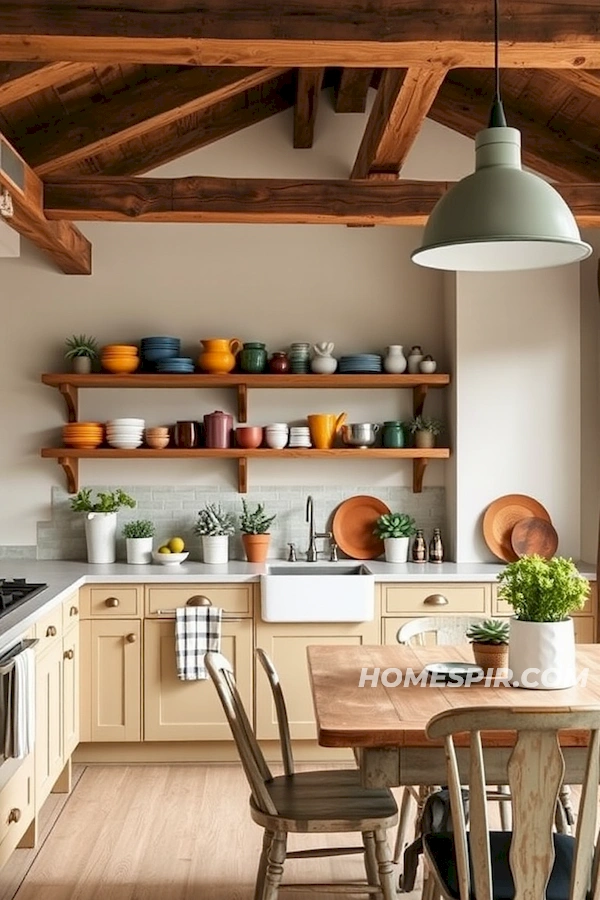 Wooden Beams and Colorful Crockery Display