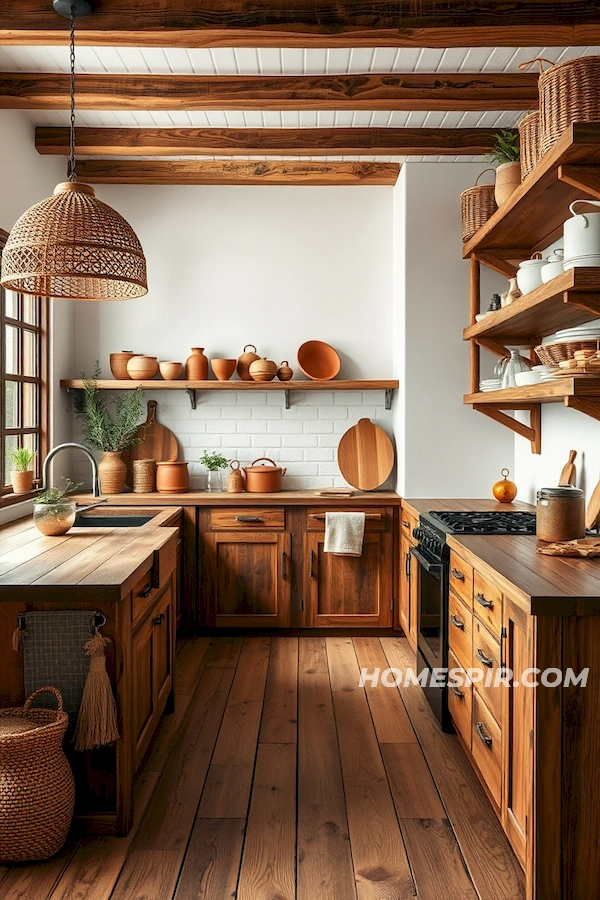 Woven Light Fixtures and Ceramics in Boho Kitchen