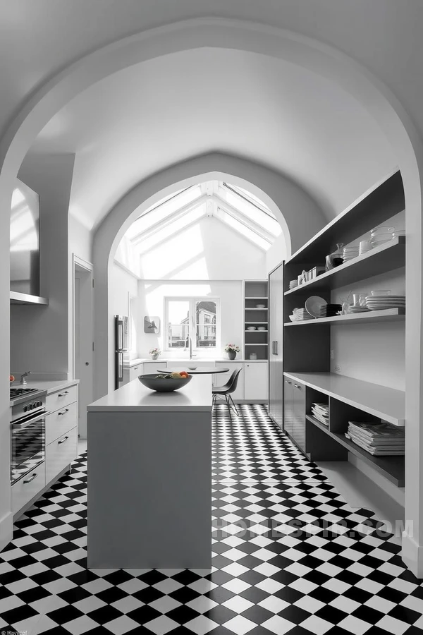 Chessboard Floors in Creative Monochrome Kitchen