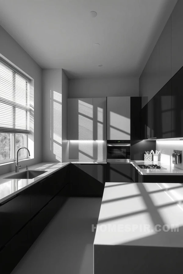 Dynamic Interplay of Light in Black and White Kitchen