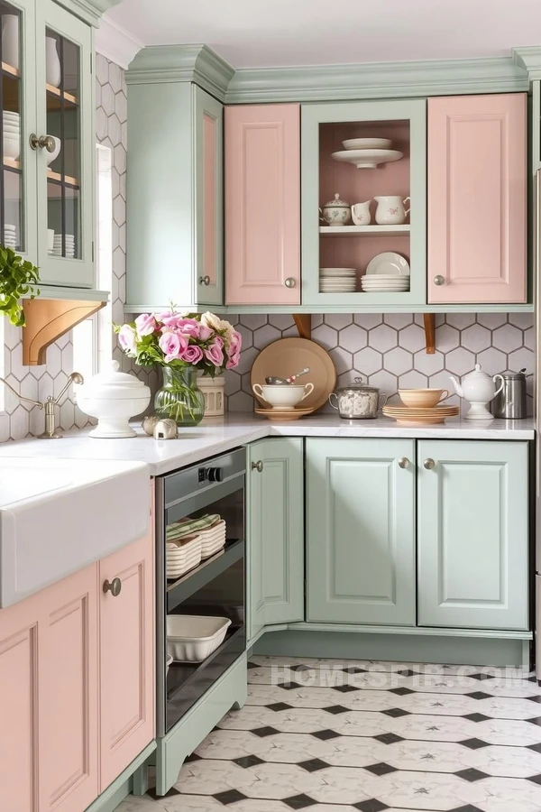 Geometric Backsplash with Pastel Cabinets