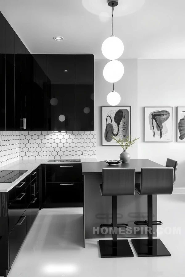 Hexagonal Design Focus in Monochromatic Kitchen