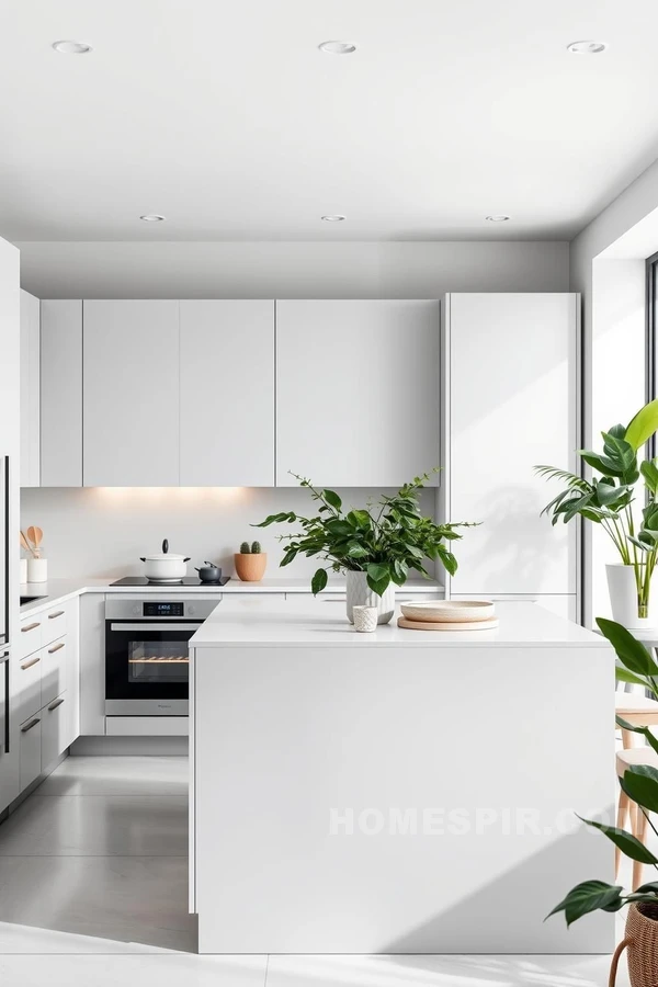 Tranquil Monochrome Kitchen Oasis with Natural Touches