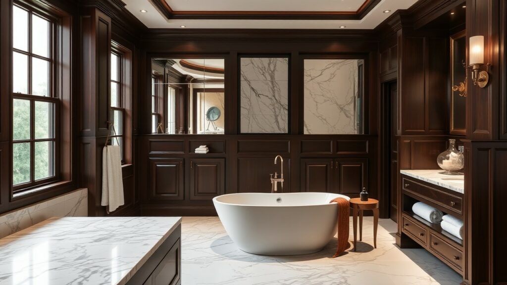 20 Dark Wood and Marble Luxury Bathroom Design Ideas