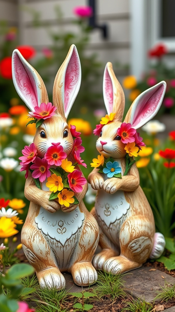 1. Blooming Bunny Statues