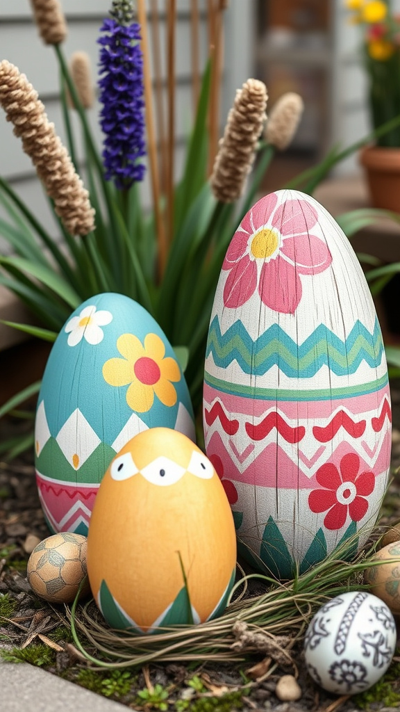 26. Painted Wooden Egg Sculptures