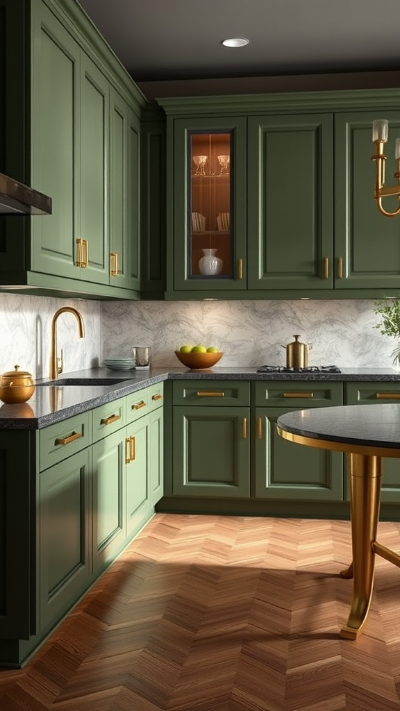 1. Olive Green Cabinets with Gold Accents