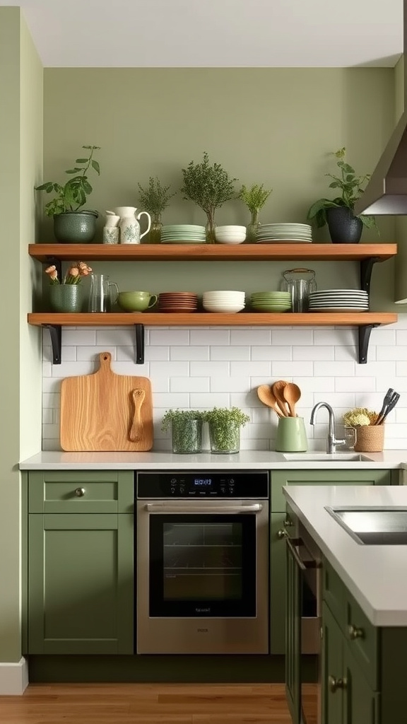 13. Olive Green Open Shelving Ideas