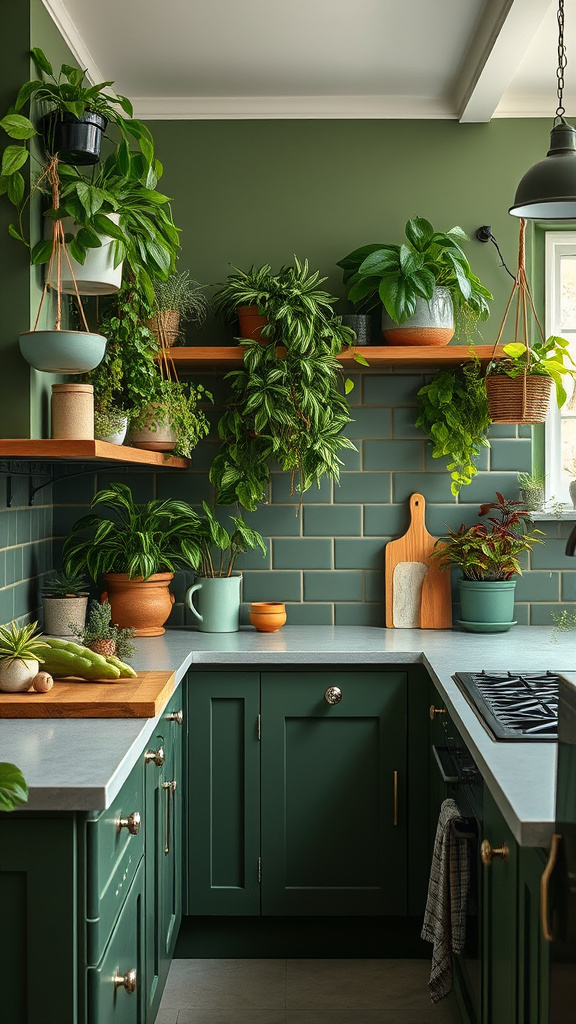 17. Olive Green Kitchen with Plants